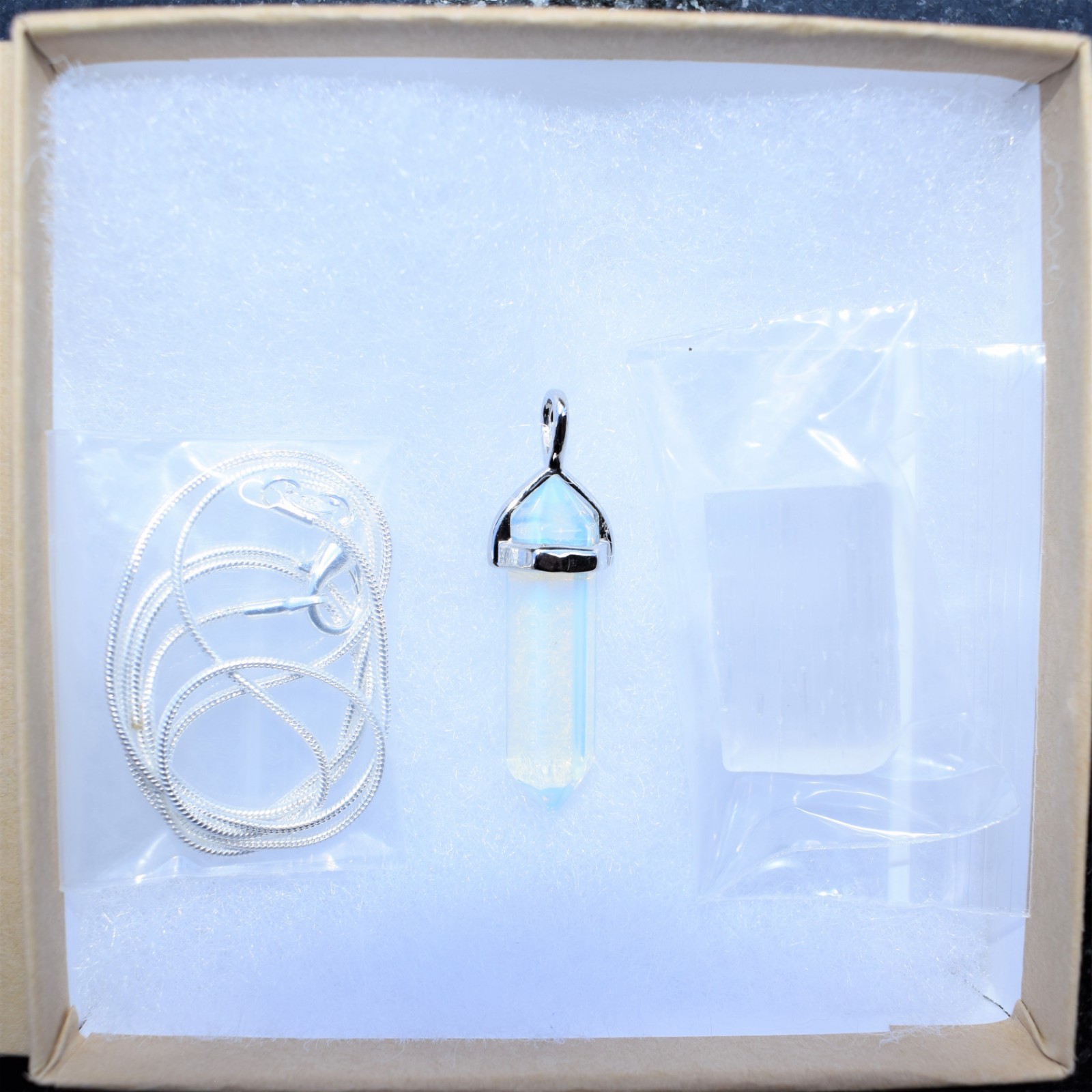 Faceted Radiant Opalite Crystal Pendant + 20″ Stainless Steel Chain & Charger