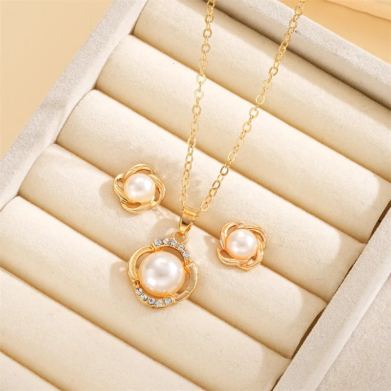 3pcs Shining Zircon Flower Jewelry for Sets Women Light Luxury Imitation