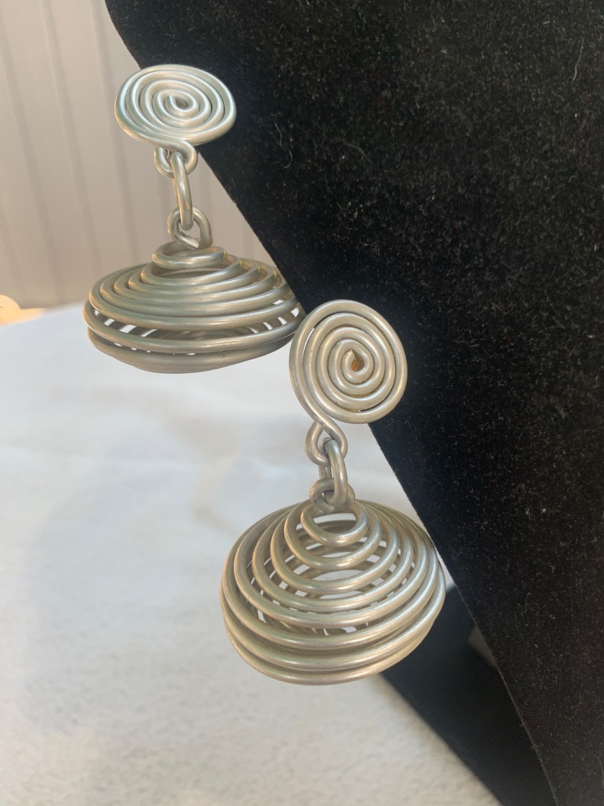 *Modernist David Spada Coil Spiral Anodized Aluminum Silver Spaceship EARRINGS*
