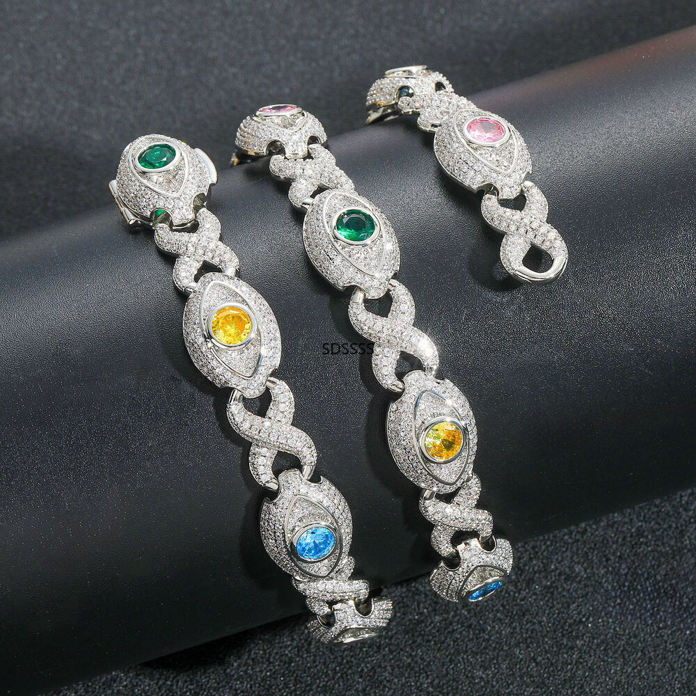 Cuban Chain Necklace Bracelets Zircon Mens Jewelry Hip Hop Colorful Eye