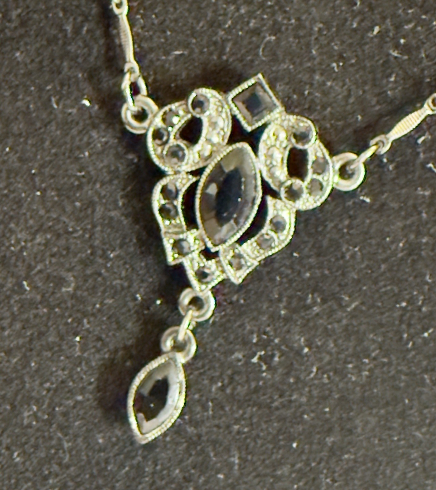 VTG 1928 Jewelry Co Black Rhinestone Marquise Y Drop Necklace Gunmetal Gothic