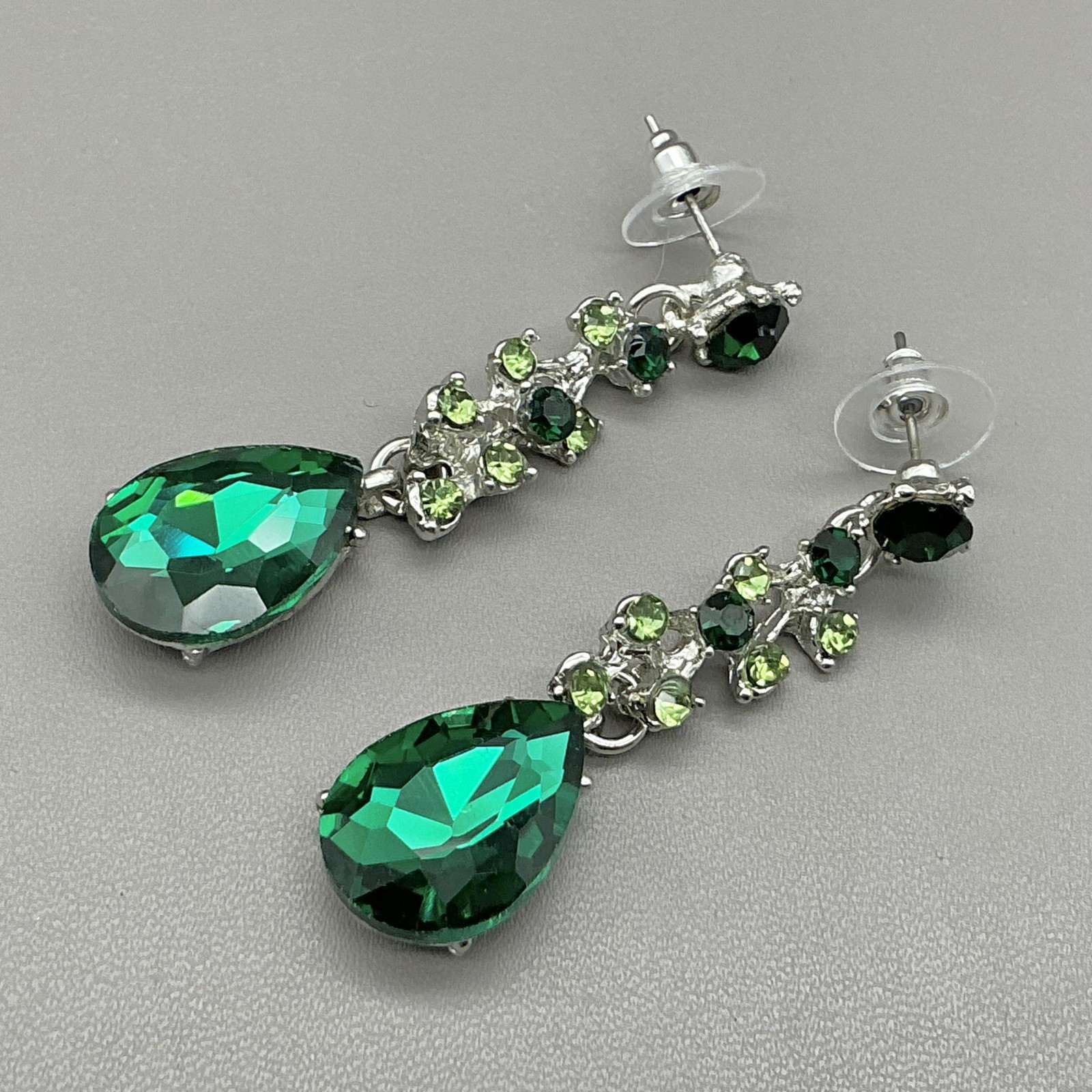 Earrings Green Rhinestone Teardrop Dangle Drop Womens Silver Tone Dressy Jewelry