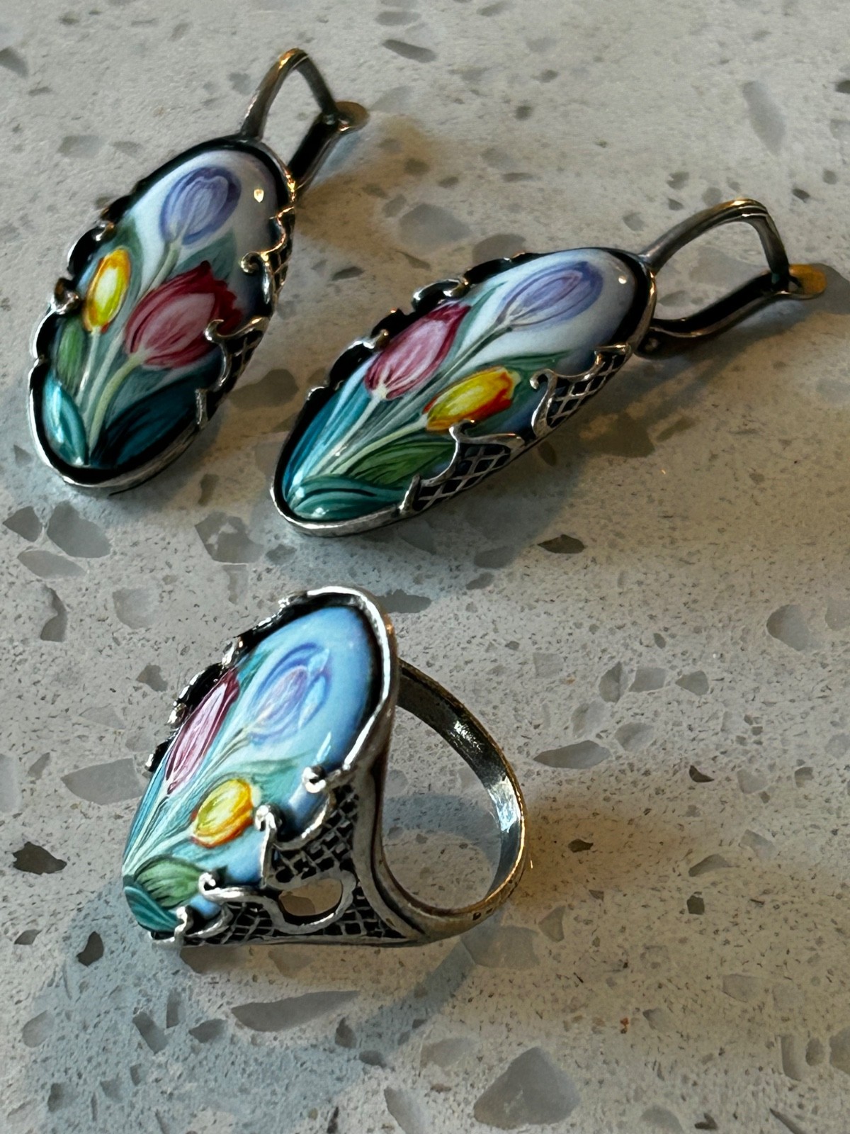 Tulip flowers earrings ring size 7 set Russian Finift hand painted jewelry