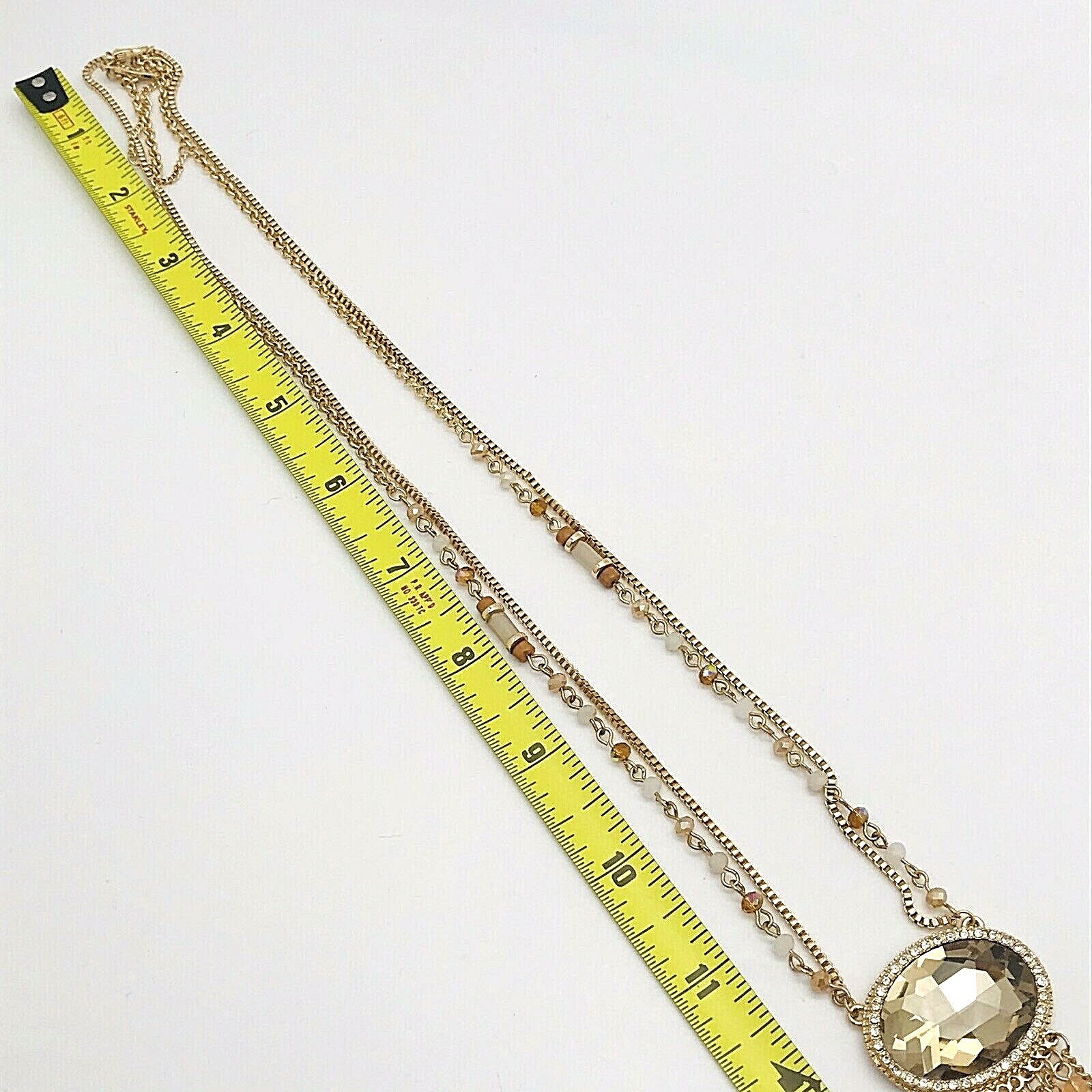 Natasha Fringe Long Necklace Amber Double Strand Color Goldtone Faceted Bead