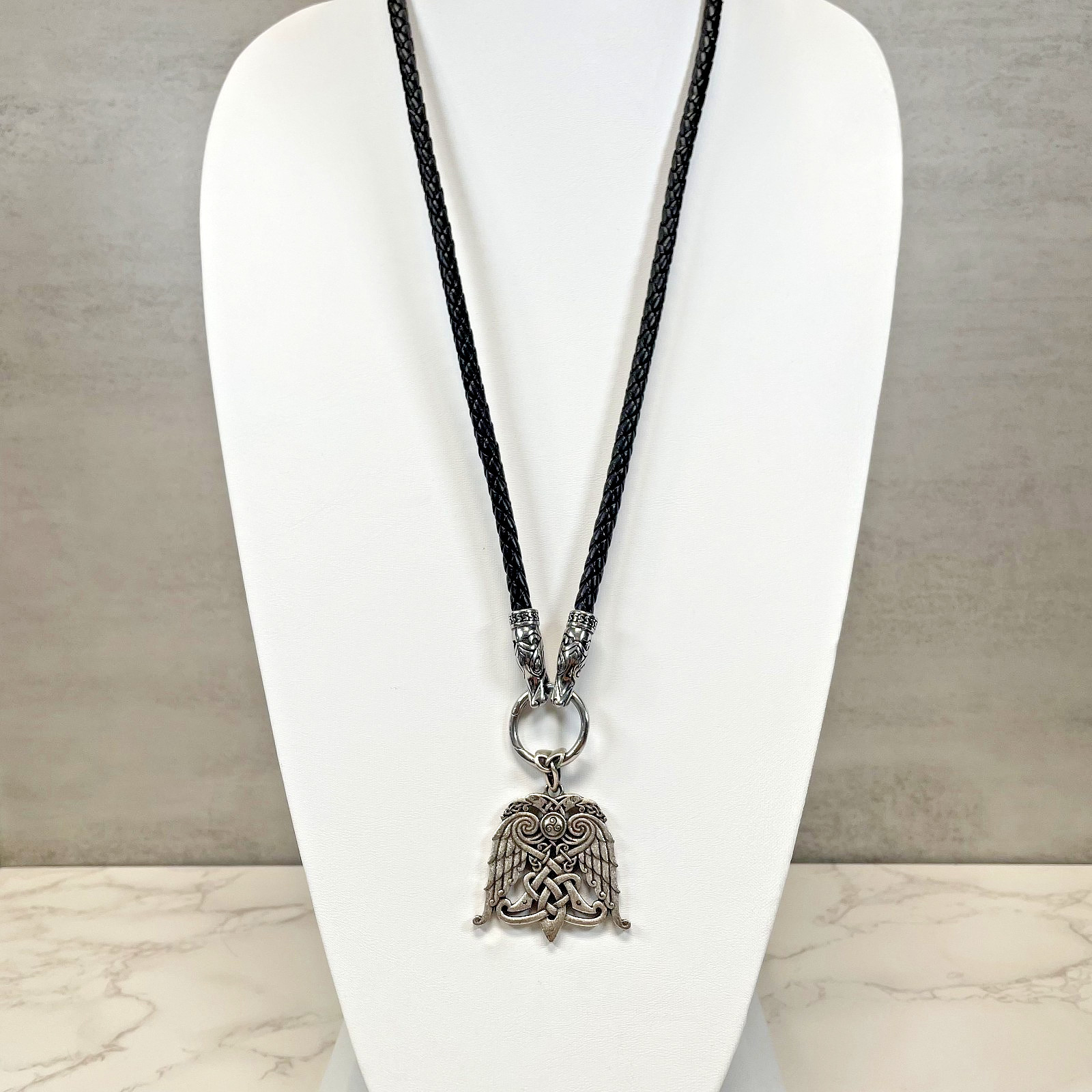 Norse Viking Raven Wing Shield Pendant Celtic Knot Black Braided Cord Necklace