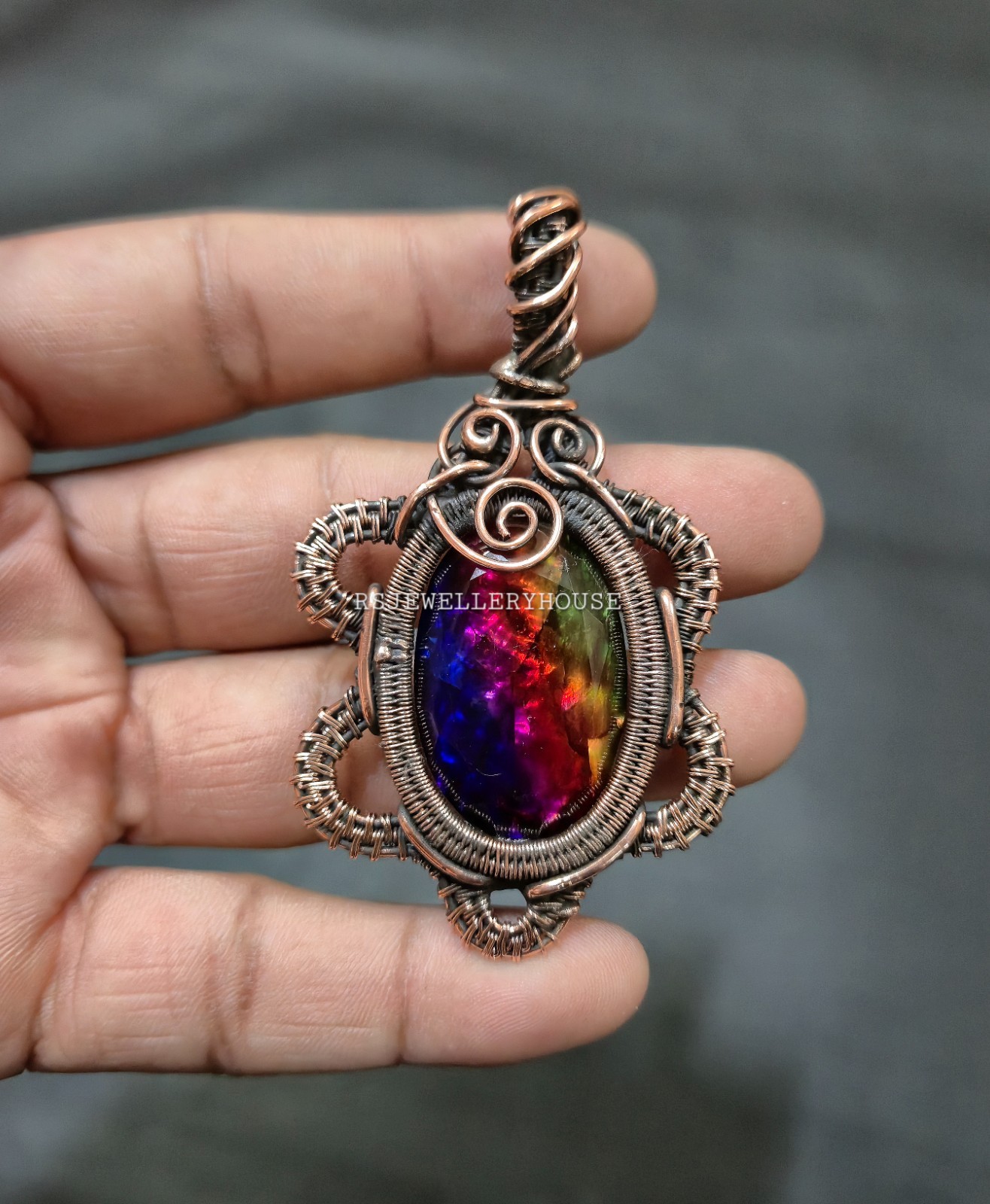 Ammolite Gemstone Copper Wire Wrap Pendant Handmade Jewelry Gift For Love