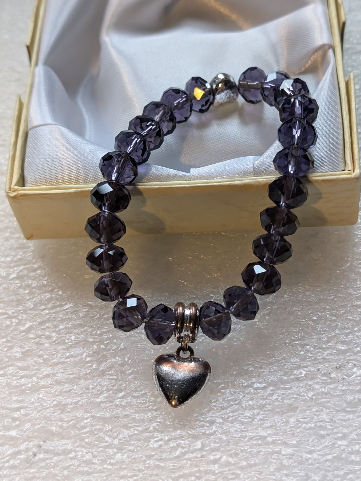 Purple Crystal Elasticated Faux Amethyst Bracelet 30g Love Heart Charm New/ Box