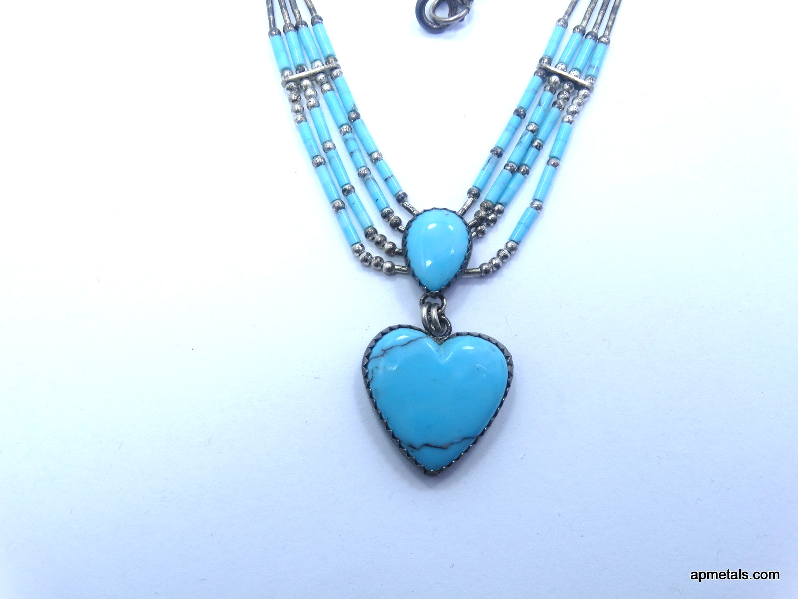 Vintage Gorham Sterling Turquoise Beaded Strand Drop Dangle Heart Necklace
