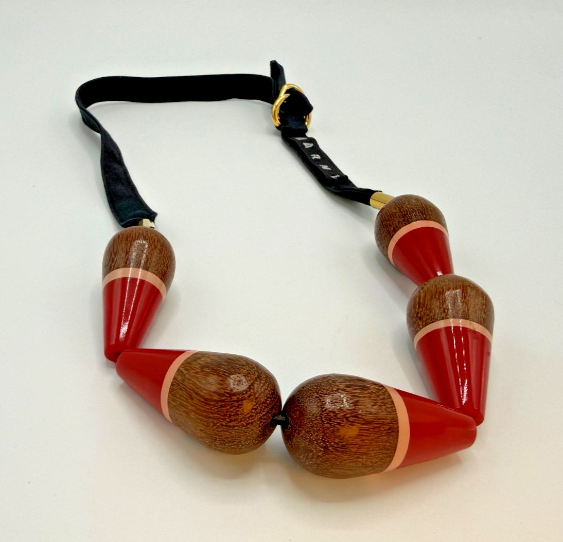 MARNI High Gloss Wooden Bead D-Ring Ribbon Necklace, COSUELO CASTIGLIONI Era VTG