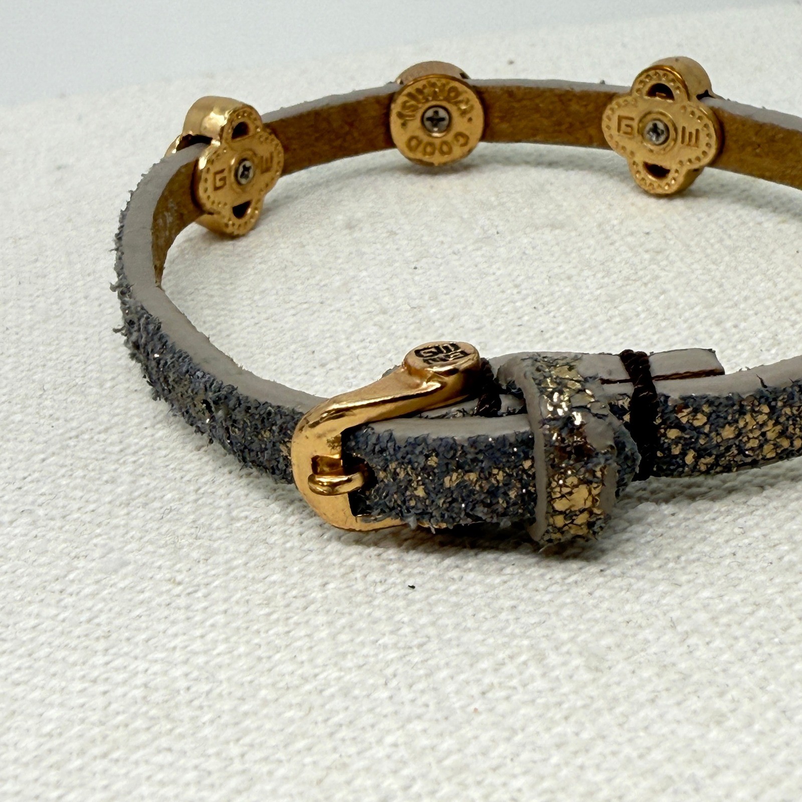 Good Works Blessed Fearless Strength Leather Bracelet Gold Tone Rhinestones