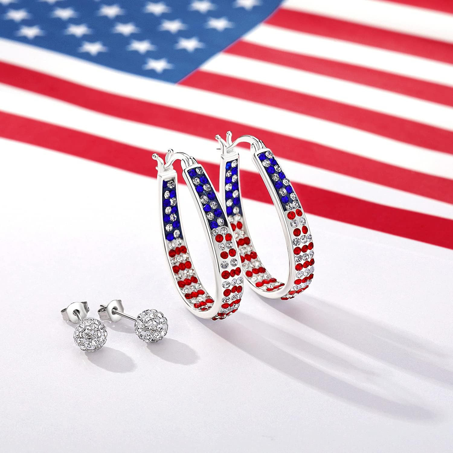 Crystal Hoop Earrings for Women Sparkly American Flag Earrings Silver Plated Red