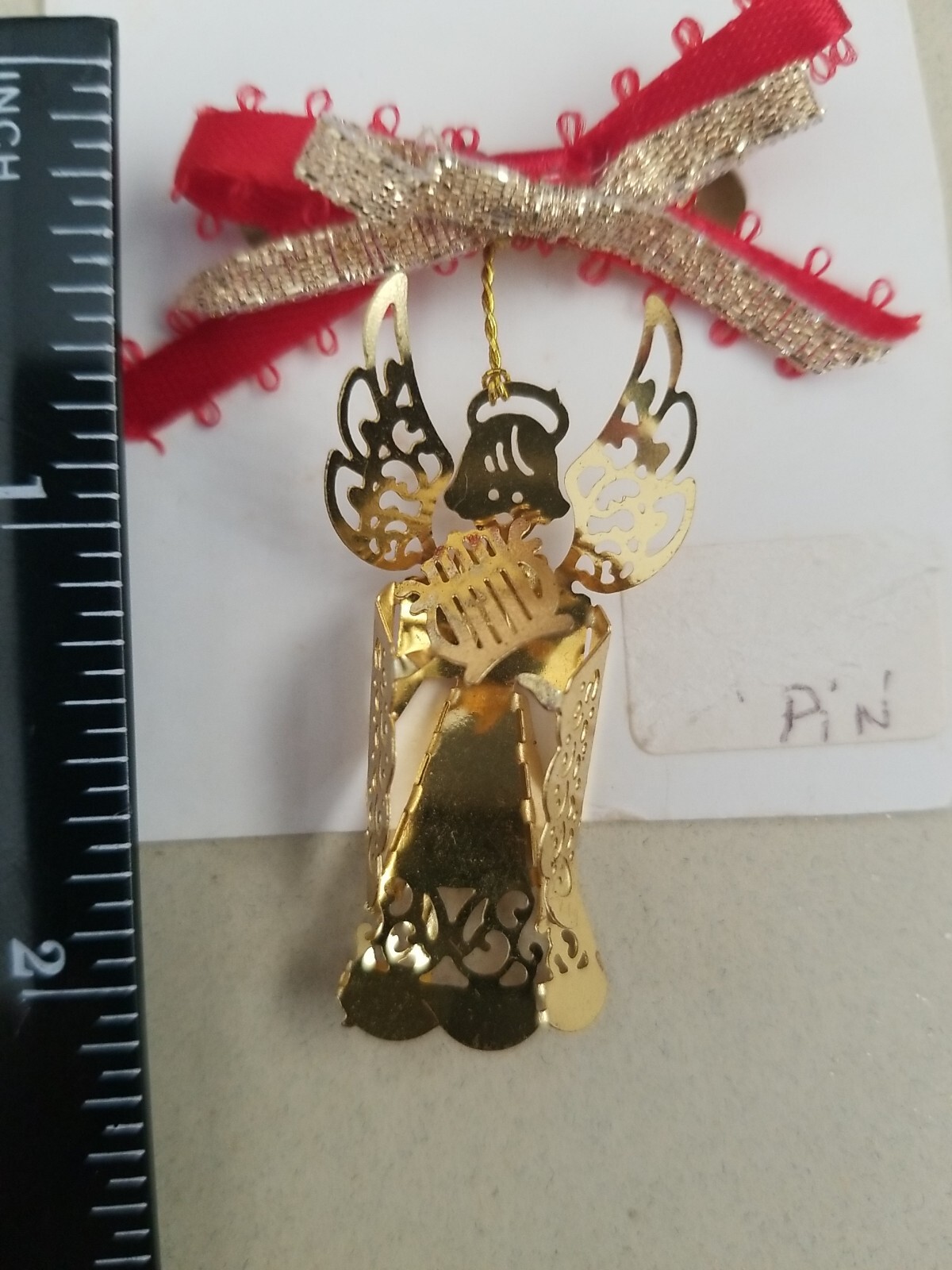Angel Lapel Broch Scarf Gold Tone Pin With Red Ribbon Bow 2 Inches Harp