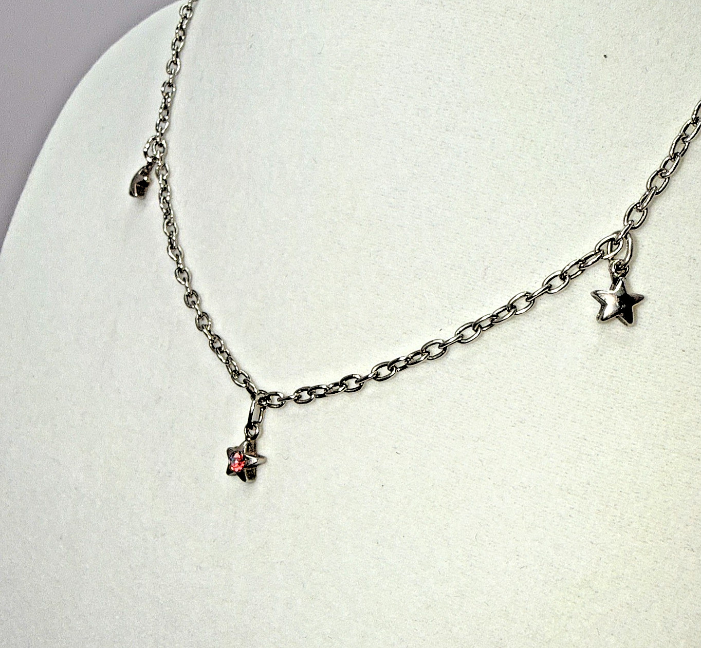 Silver Tone Multi Star Charm Necklace Pink Rhinestone Center Accent Link Chain
