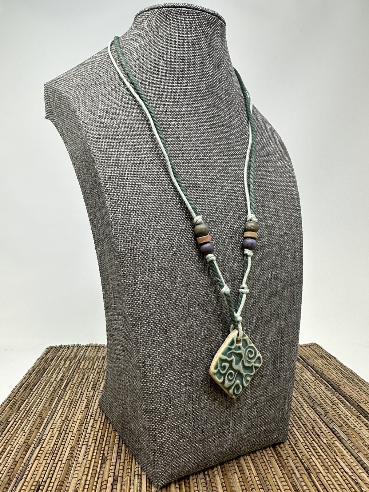 Green Spiral Bohemian Handmade Necklace with Square Engraved Pendant