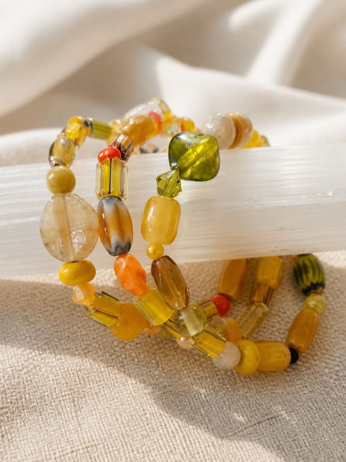 Handmade Yellow And Green Glass Bead Bracelet 3 Piece Stack – Women Jewelry