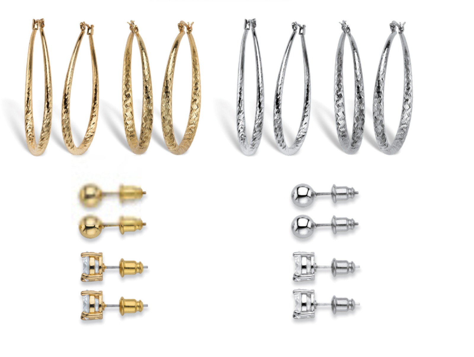 DIAMOND CUT TEXTURED 8 PAIR STUD AND HOOP EARRINGS SILVERTONE AND GOLDTONE