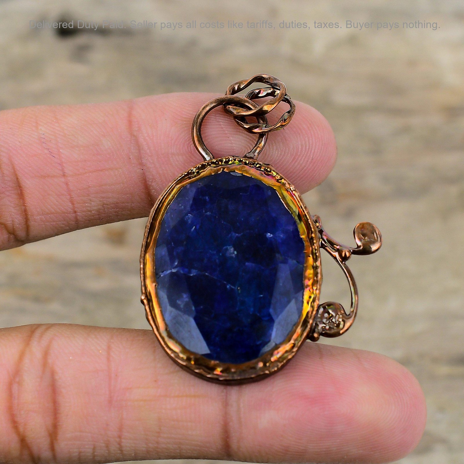 Copper Oval Blue Saphire Stone Bezel Wife Wedding Birthday Electroformed Pendant