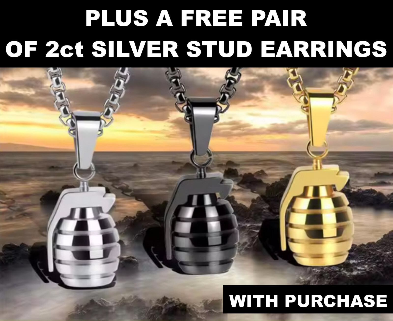 Men’s 22″ Stainless-Steel Gold Necklace Grenade Mini Pendant