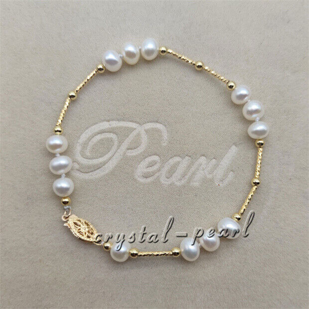 Beautiful 7.5″-8″ AAA+ 6-7mm South Sea Genuine White Pearl Bracelet 14k Clasp