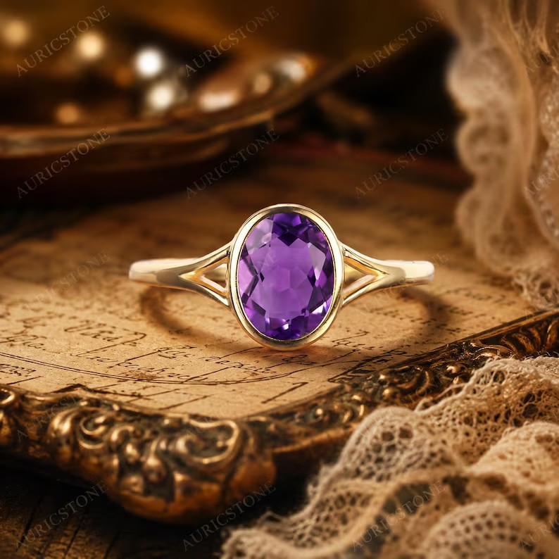 Lab Created Amethyst Ring, Base Metal: Brass Finish: Gold Plated, Gift