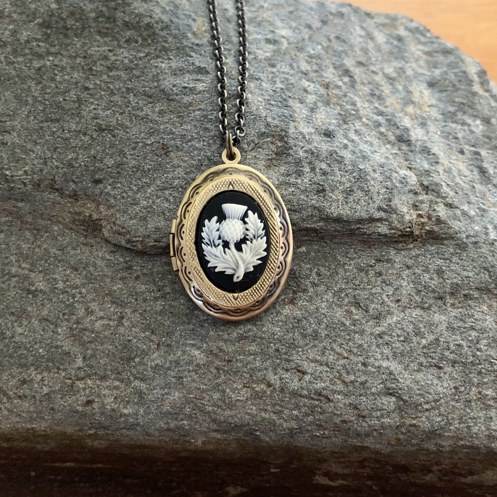 Thistle Cameo Locket Necklace, Scottish, Scotland National Emblem, Celtic, Brass