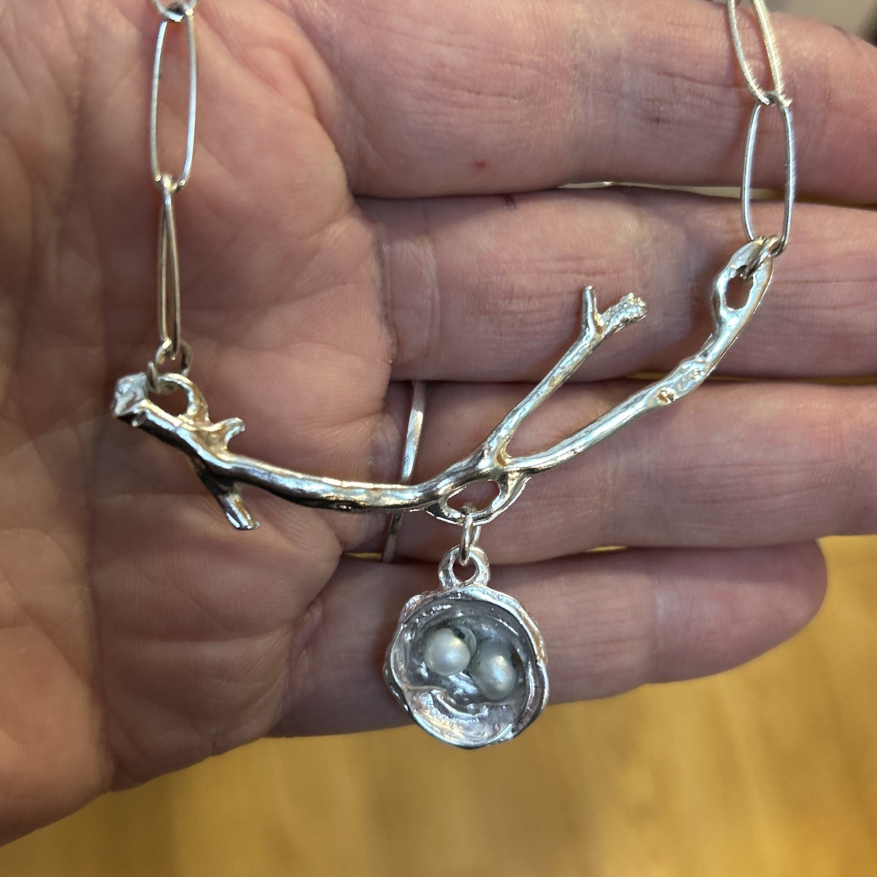 Wishnest -Alise Sheehan Silver Tone Bird Nest Branch with 2 Egg Necklace