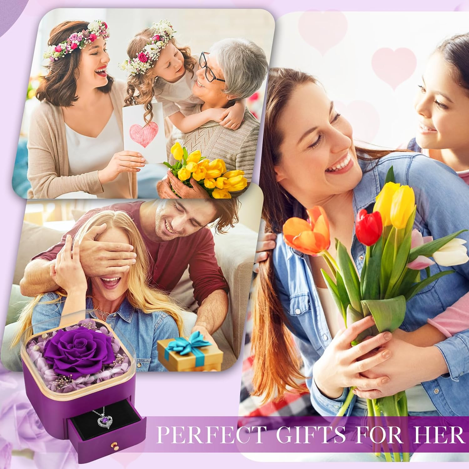 Birthday Gifts for Women Preserved Real Rose with Necklace Eternal Purple Roses