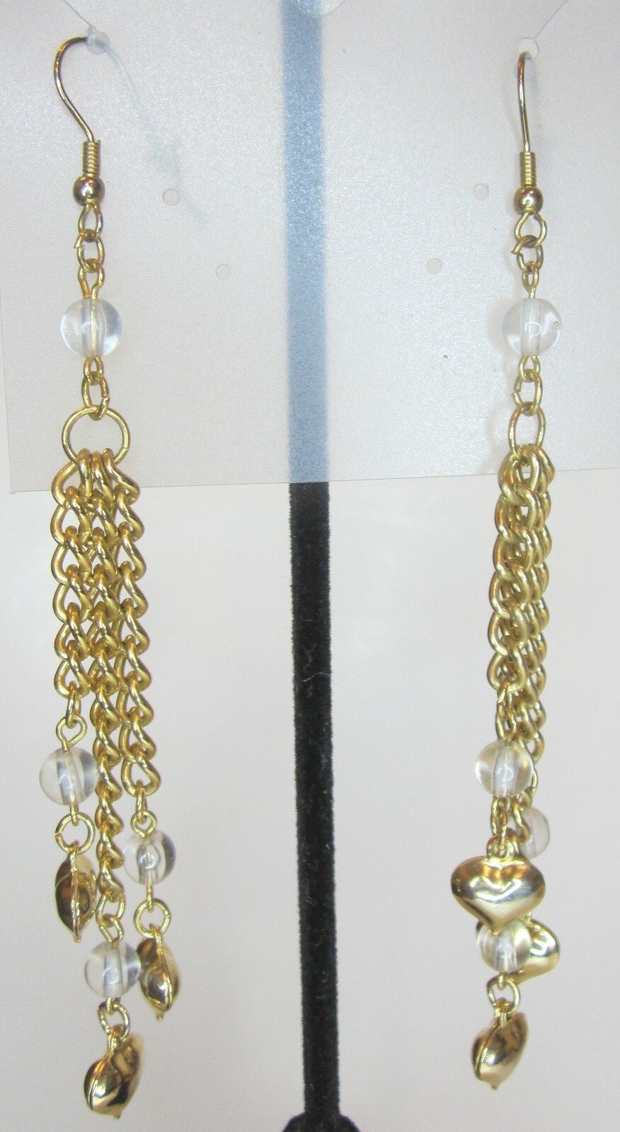 NEW 4.5″ in Clear Bead Heart Chandelier Dangle Hook Pierce Earrings Brass Clad