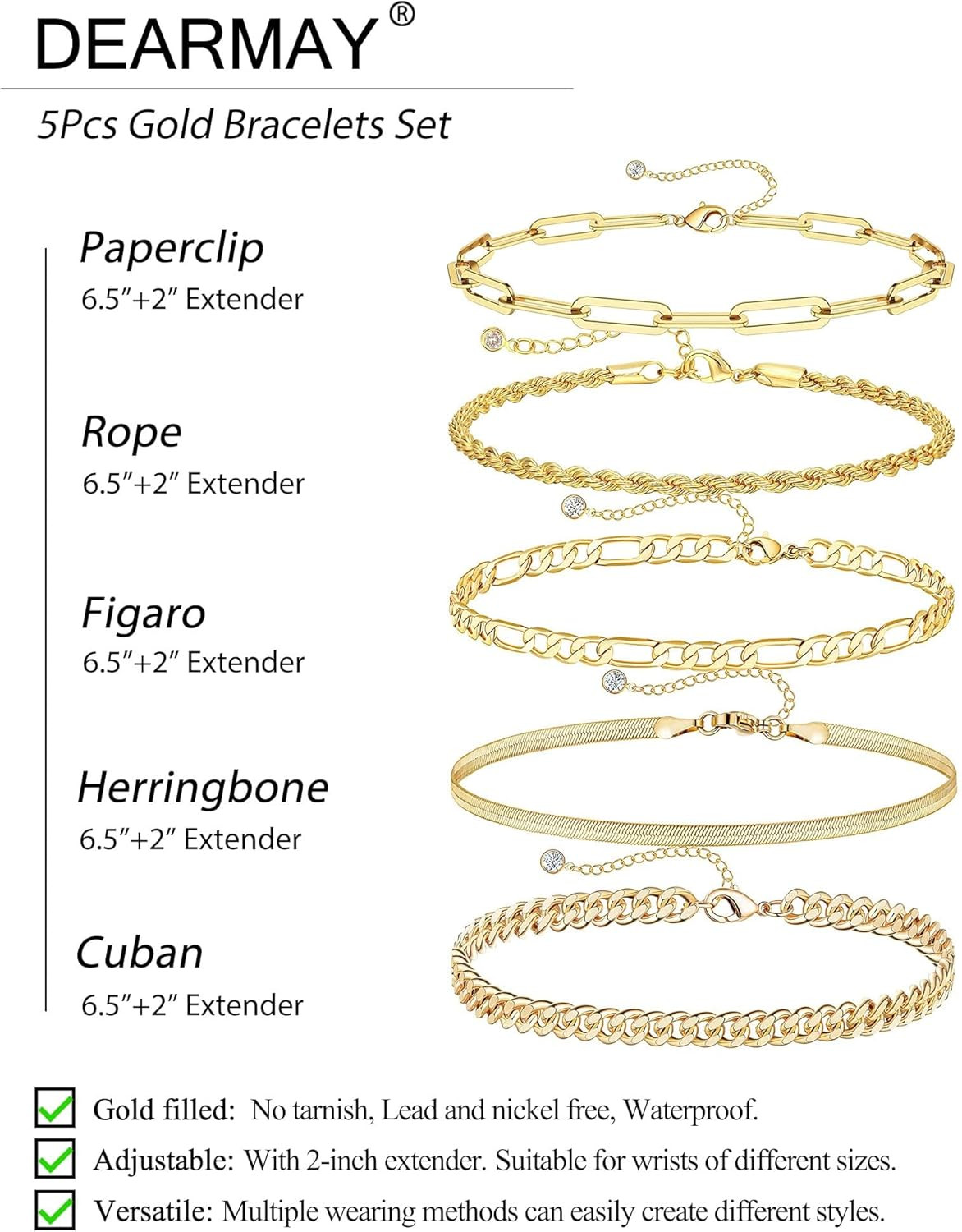 DEARMAY 14K Gold Plated Bracelets for Women Waterproof, Jewelry Sets Trendy Thin