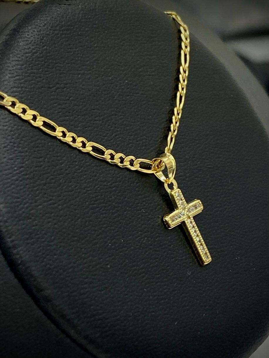 14K Gold Filled Tiny CZ Cross Pendant Necklace Womens 17x10mm Figaro Crucifix