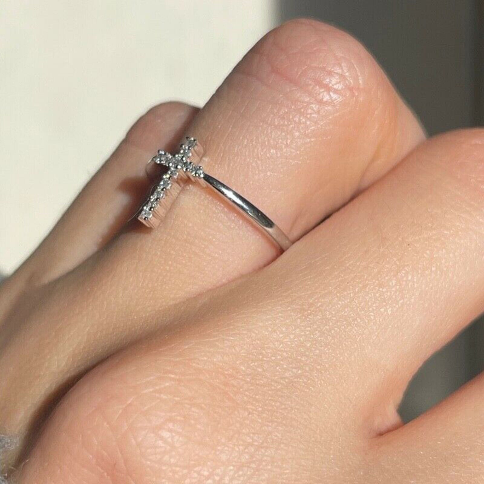 Stunning Cross Charm Band Ring Round Cut Simulated Diamond 14k White Gold Plated