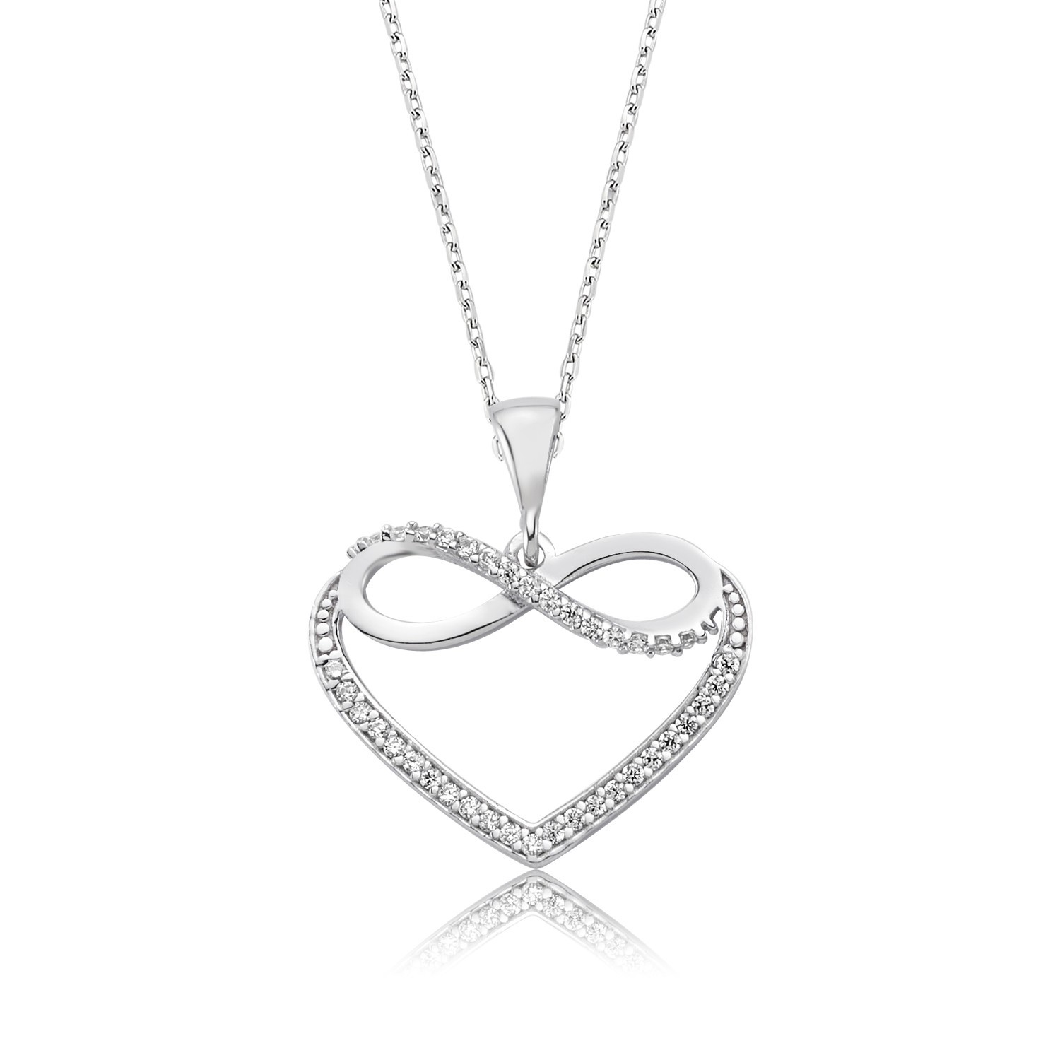 925 Silver Infinity Love Heart Pendant Necklace Cubic Zirconia Rhodium Finish