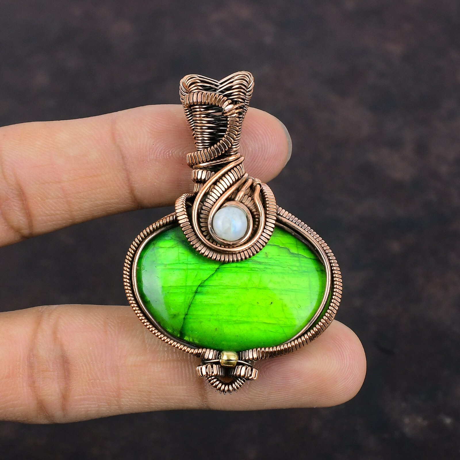 Green Fire Labradorite Jewelry Copper Wire Wrapped Pendant For Girls 2.36″