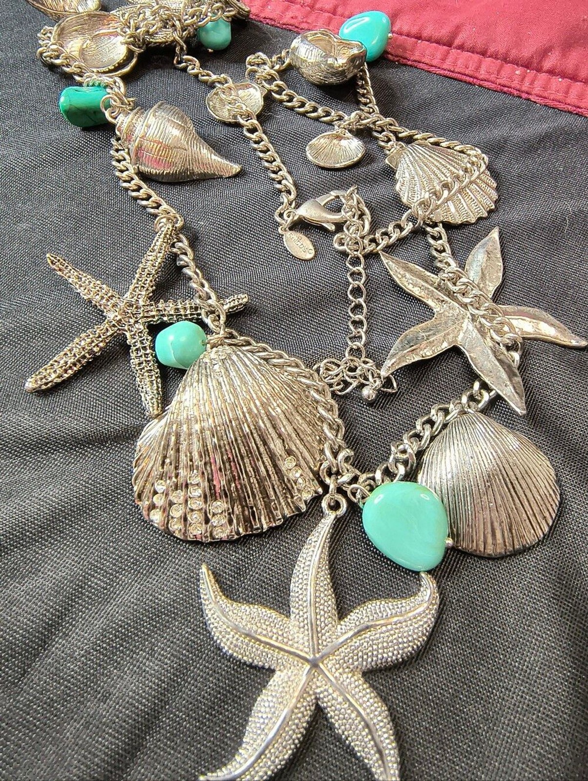 Chico’s Coastal Seashell Starfish Charm Necklace Silver Tone Turquoise 32″