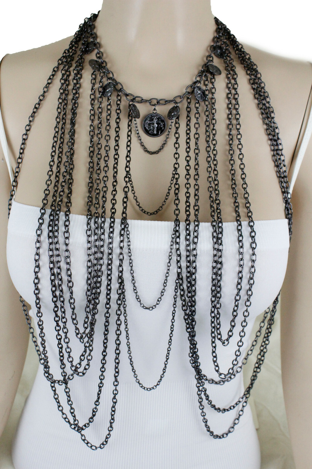 Women Long Black Metal Body Chain Jewelry Fashion Harness Necklace Coin Earrings