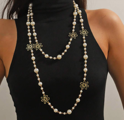 Big White Gold Pearl Multi Strand Layered Bead Chunky Jewelry Long Necklace