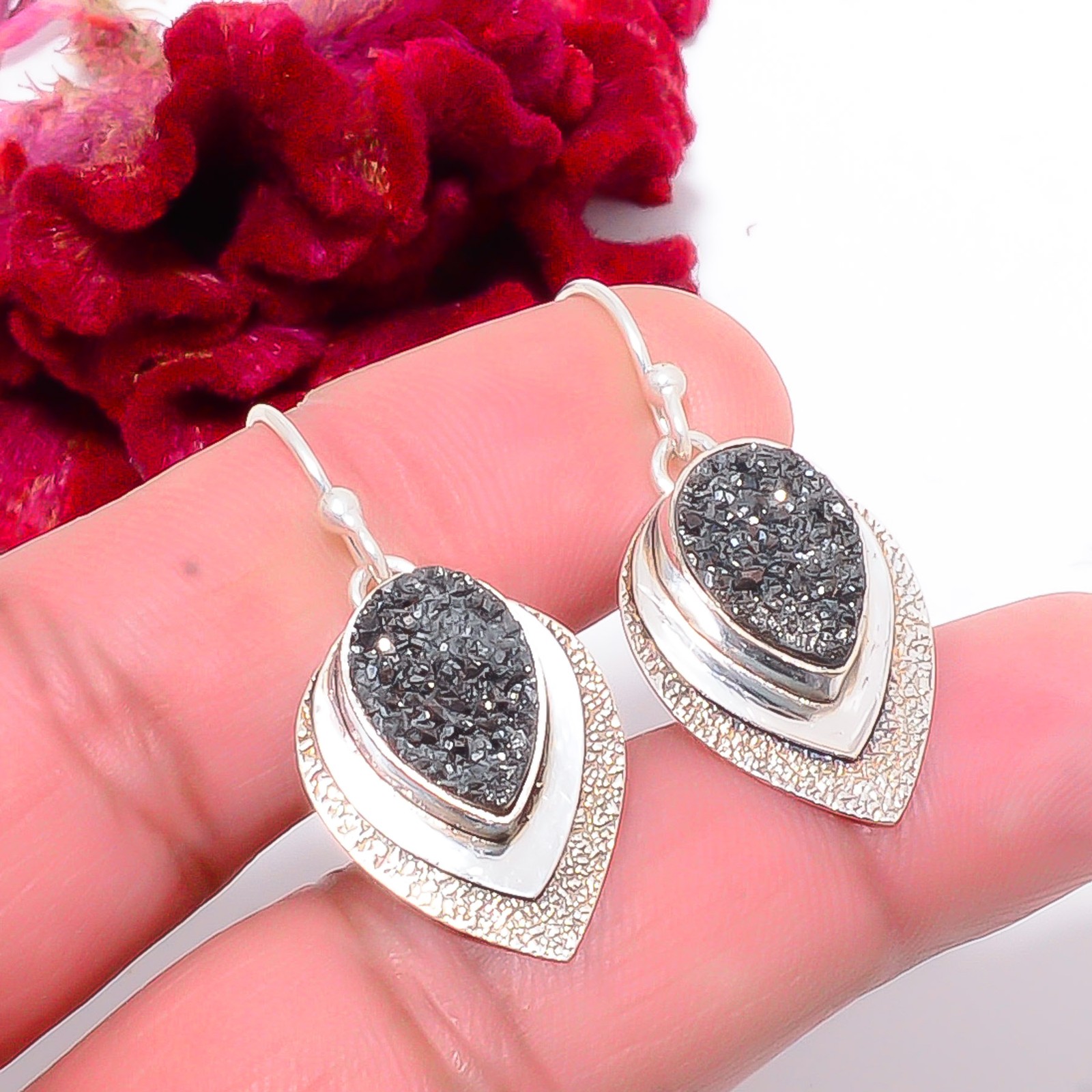 Black Titanium Agate Drusy 925 Sterling Silver Earring 1.44″ Sk14 Christmas Gift