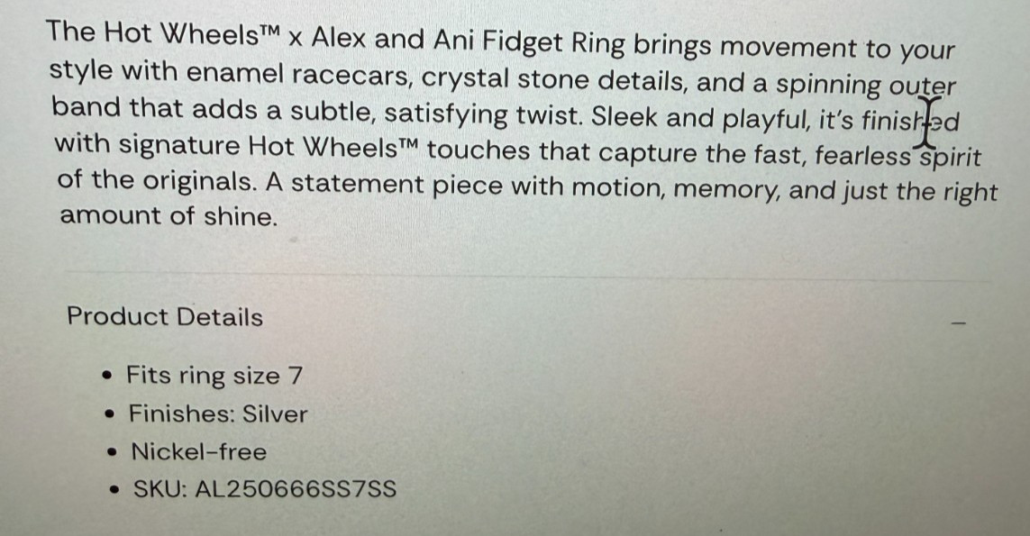 Alex And Ani Hot Wheels Fidget Ring Size 7 With Spinning Band NEW