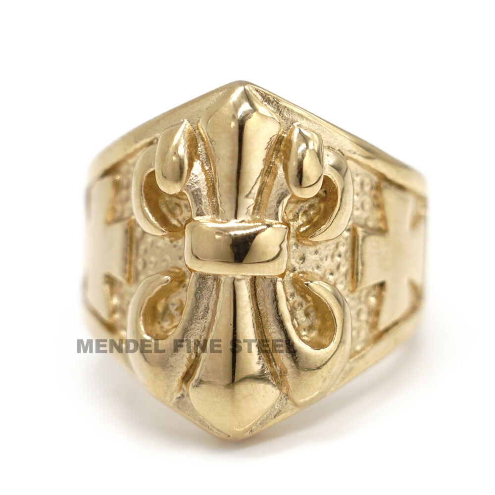 MENDEL Mens Gold Plated Fleur de Lis Flower Cross Ring Stainless Steel Size 7-15