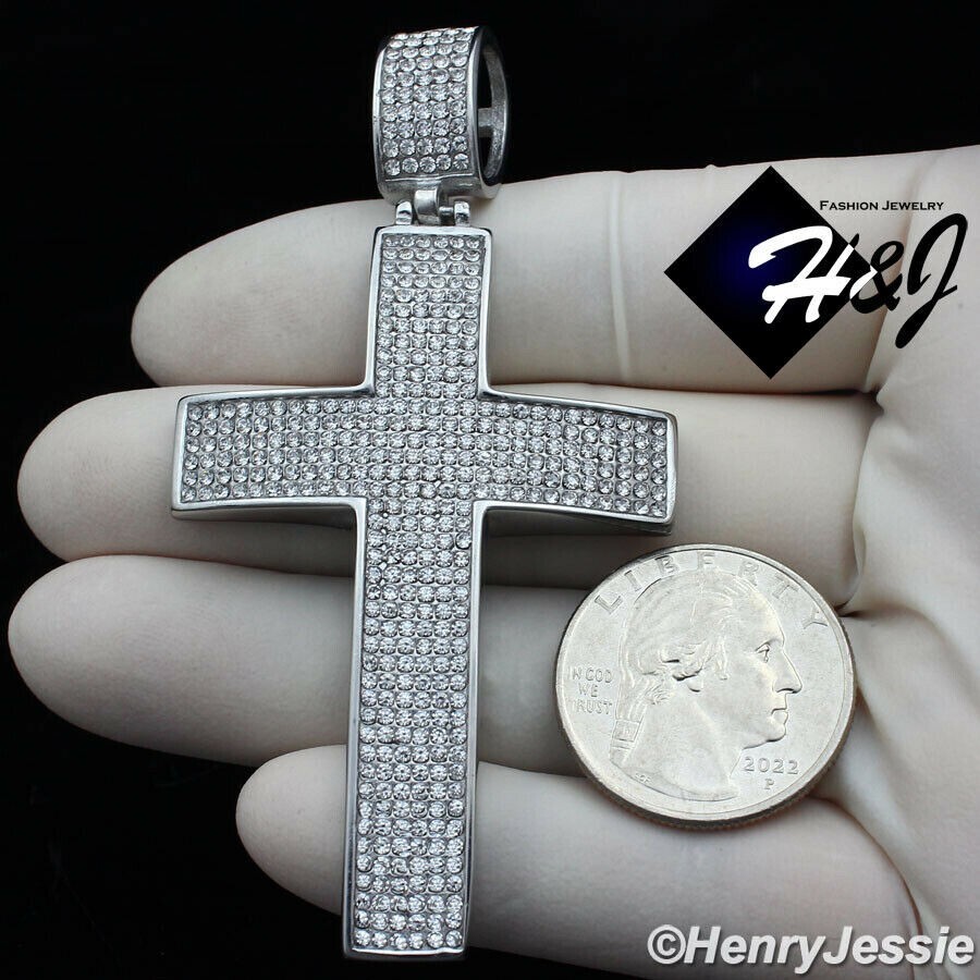30″MEN Stainless Steel 5mm Silver Box Link Necklace ICY CZ Cross Pendant*IP21