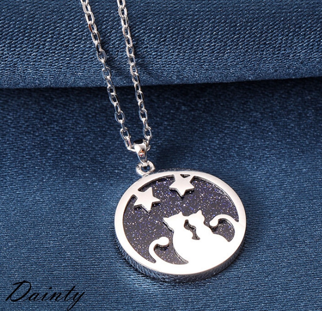 DAINTY Women Girl 925 Sterling Silver Cat Under Night Sky Coin Necklace 16-17.5″