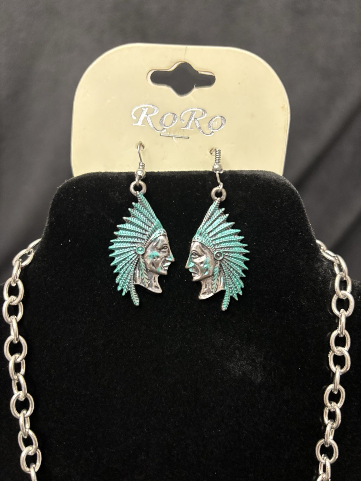 RORO Turquoise Western Feather Necklace & Earrings Set Silver Tone Green