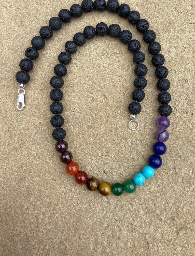 7 Chakra Lava Rock Grounding & Focus Smooth Round Gemstone Beads Necklaces 18”