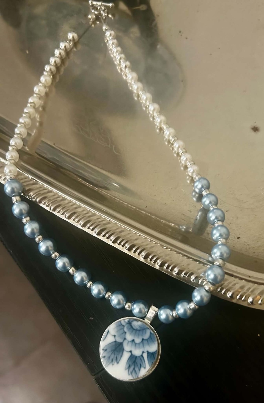 Blue & White Beaded Necklace, Round Floral Ceramic Charm Pendant, Silver Tone