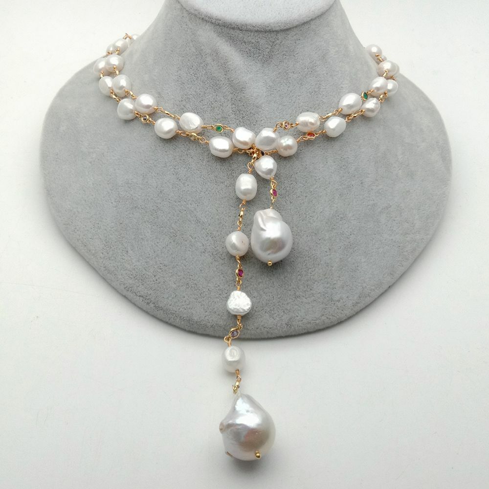 51” Freshwater White Keshi Pearl Mixed Color Cz Pave Chain Long Necklace