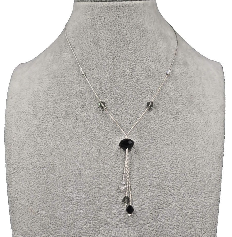 Y Drop Necklace Black Gray Clear Crystal Bead Silver tone 18″Adj