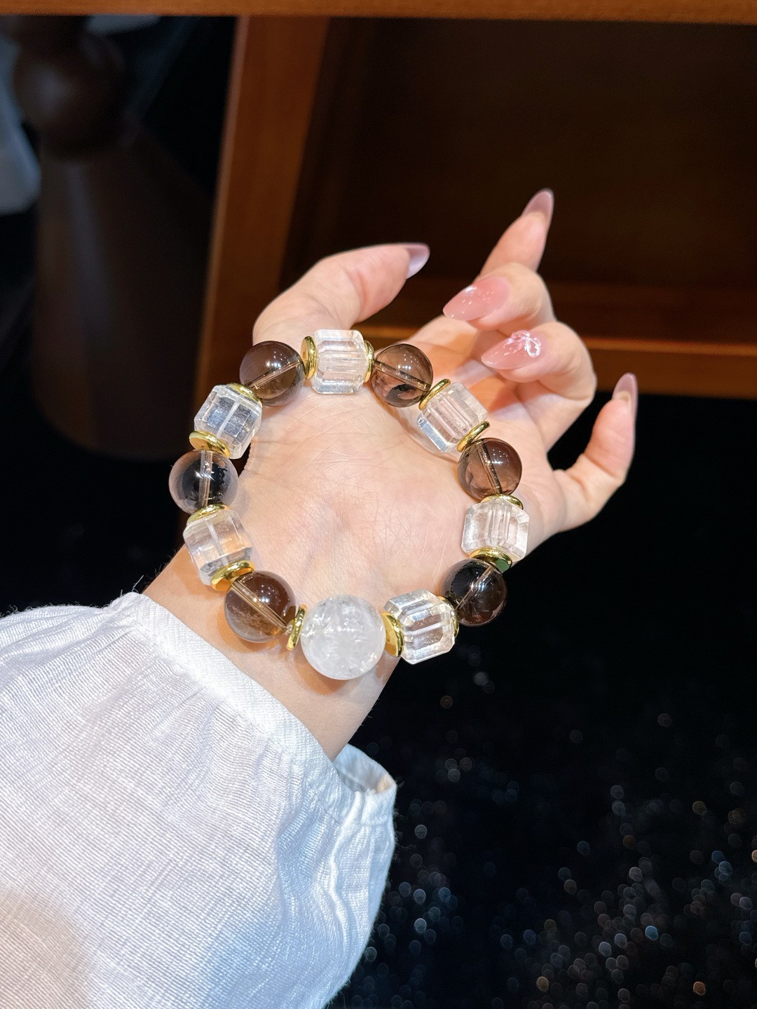 Natural White Crystal Snowflake Phantom 15mm Beaded Stretch Bracelet Gift