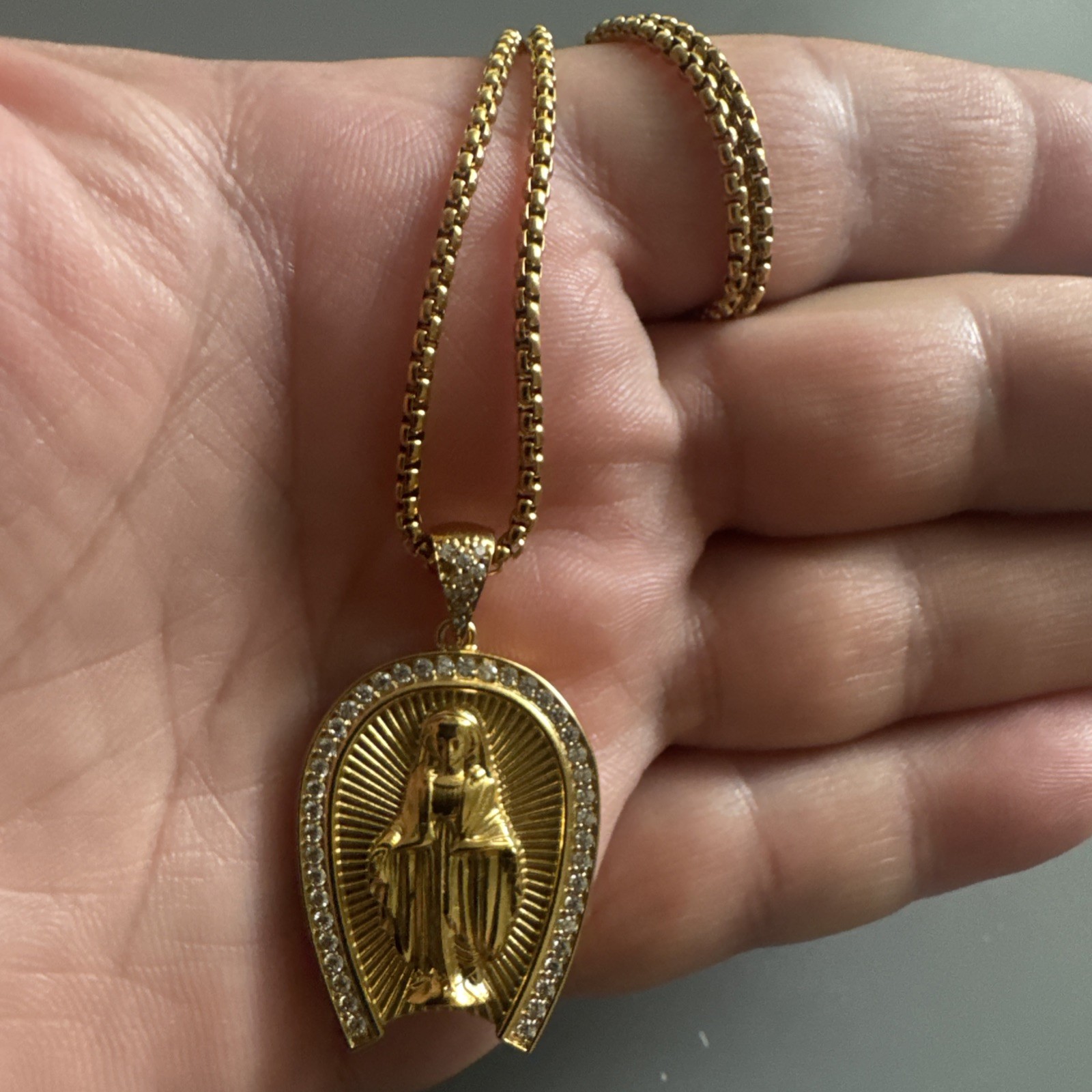 Gold Plated Virgin Mary Stainless Steel Pendant Jesus Cubic Zirconia 24” Chain