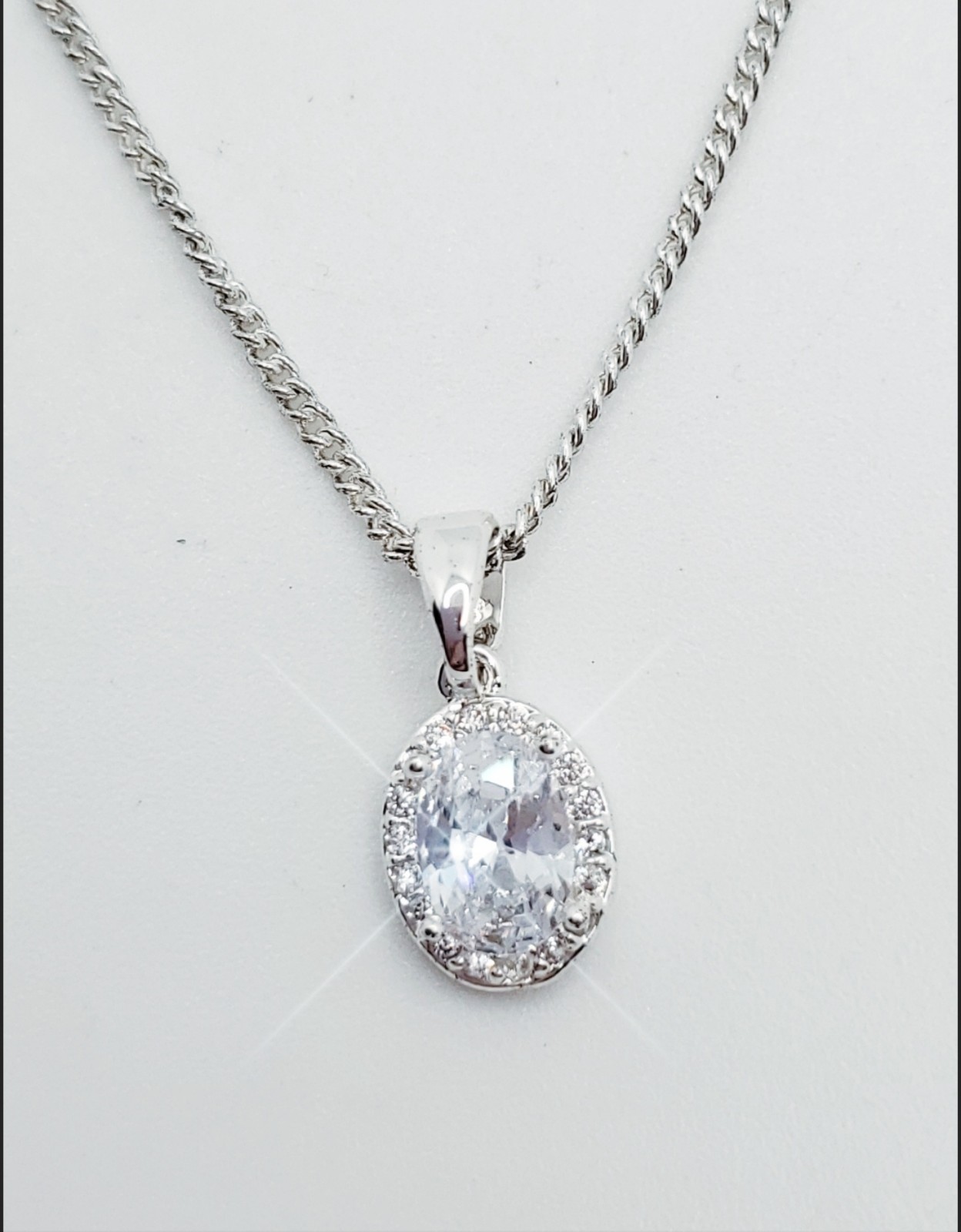 Genuine Austrian Crystals Sterling Silver Overlay Oval Halo Pendant Necklace