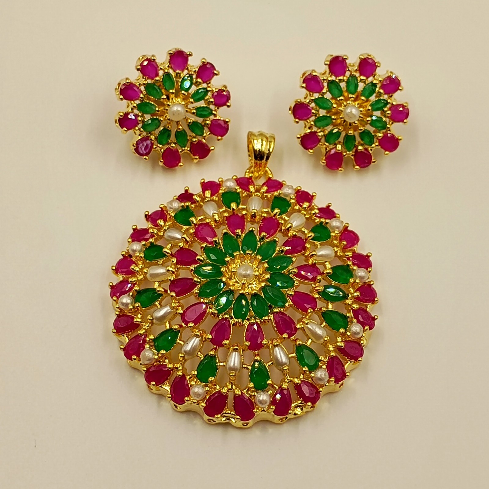 Ruby Emerald & Pearl Pendant Set 22k Gold Plated Traditional Indian Jewelry Gift